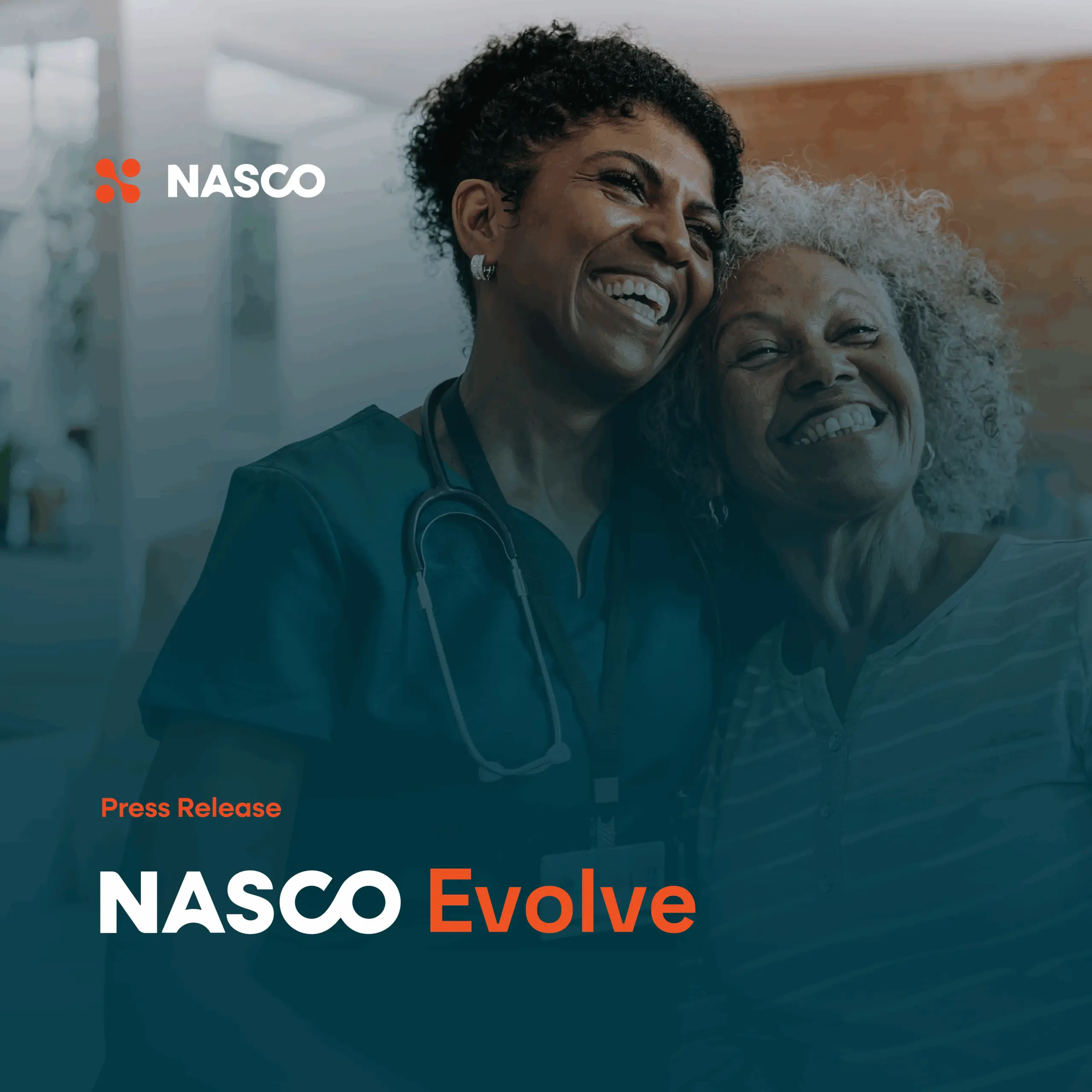 Female nurse smiling with her arm around her happy elderly female patient.