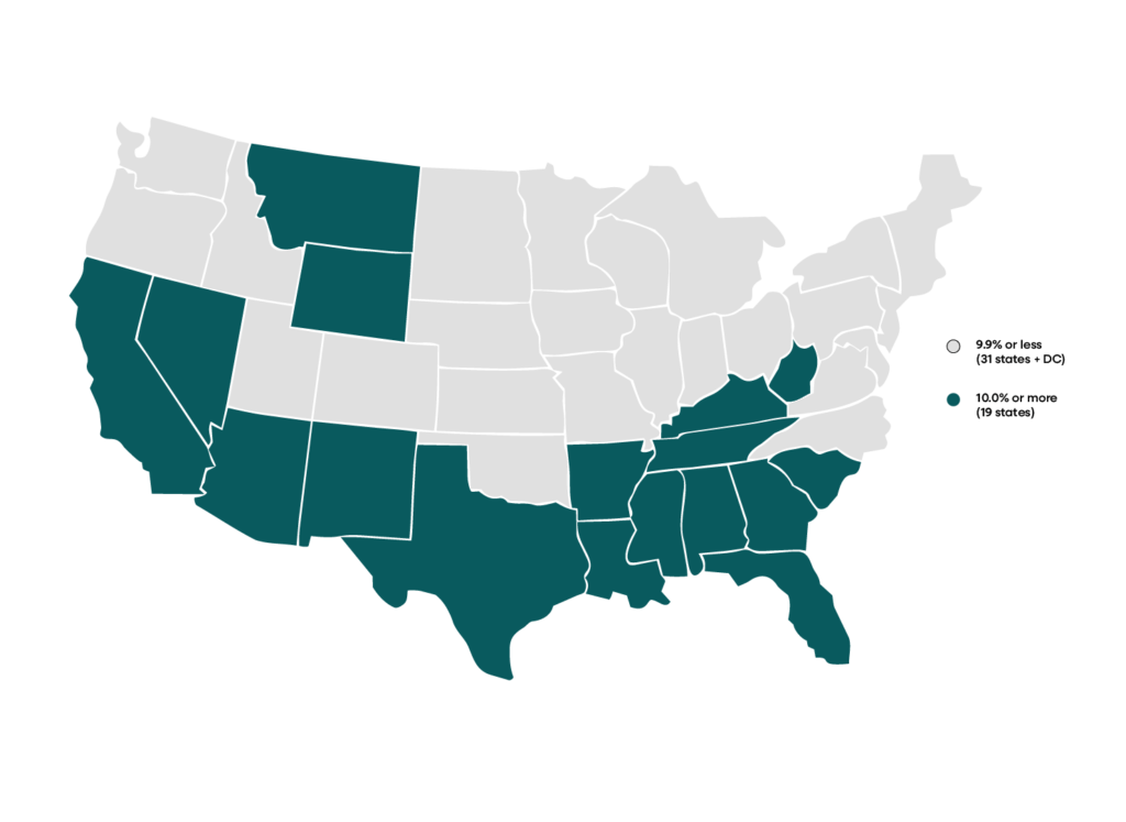 Average annual combined premium contributions and deductibles for family premiums as a share of median family income (%) by state